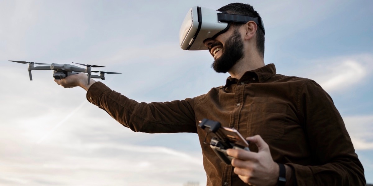 Man with VR Glasses Using Drone